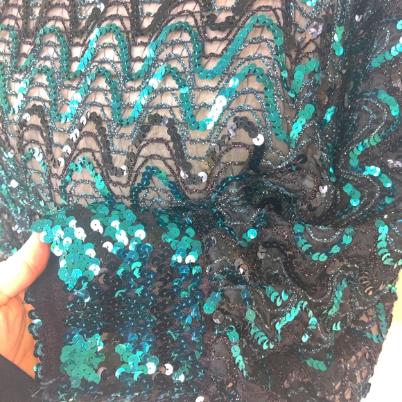 XS/S/M/L 70s/80s Green Sequin Dolman Batwing Sleeve Poncho Party Top - Picture 4 of 9